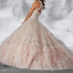 Light Pink Shiny Quinceanera Dresses Ball Gown Birthday Lace Up Applique Lace Beads Tiered Feather Sweet 16 Dress 